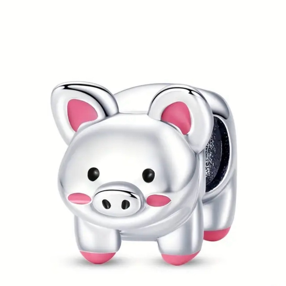 Sterling Silver Pig Charm with Pink Accents